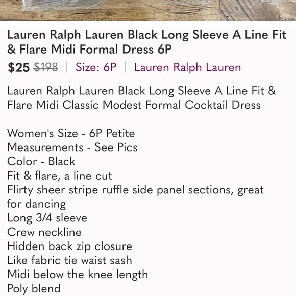 Lauren Ralph Lauren Black Long Sleeve A Line Fit & Flare Midi Formal Dress 6P - Picture 15 of 15